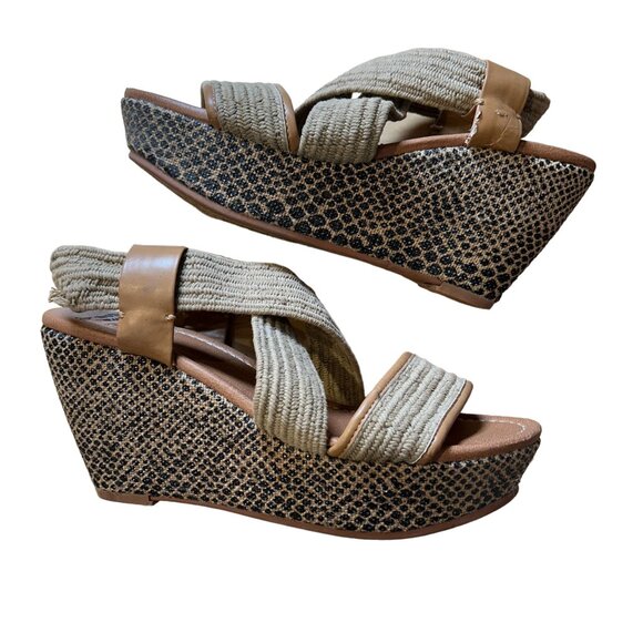 LUCKY BRAND Tan Black Leopard Reptile Snake Platform Wedge Shoes Size 8M - Picture 1 of 7